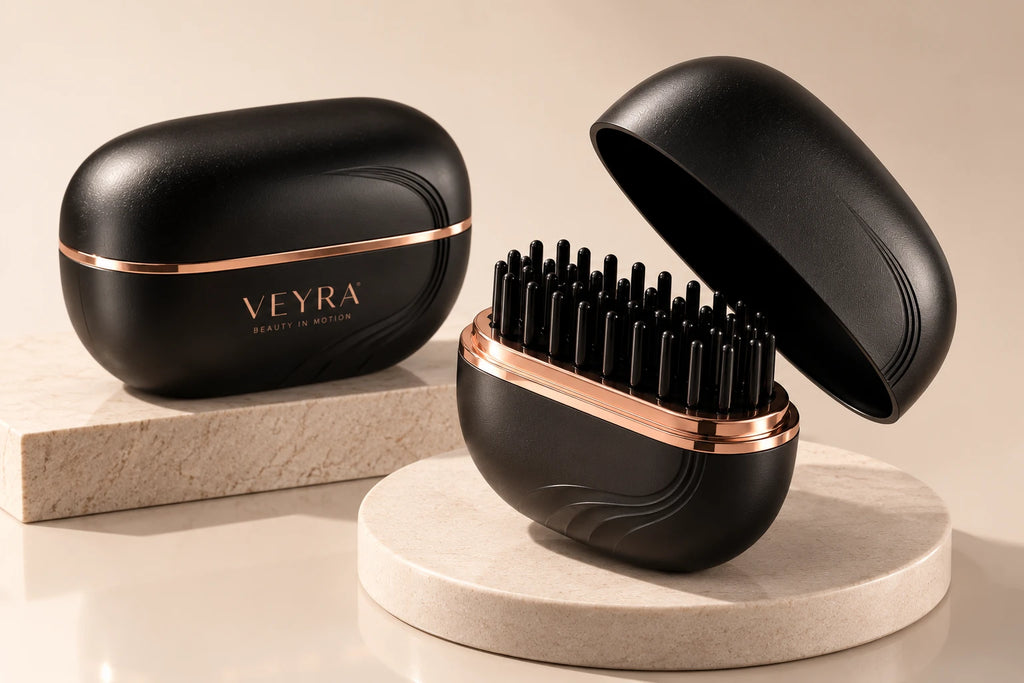 VEYRA Go wireless hair styler in matte black with rose-gold band, open and closed, on stone plinths
