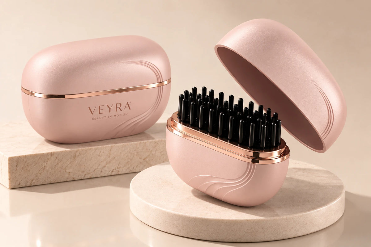 VEYRA Go wireless hair styler in pink with rose-gold band, open and closed, on stone plinths
